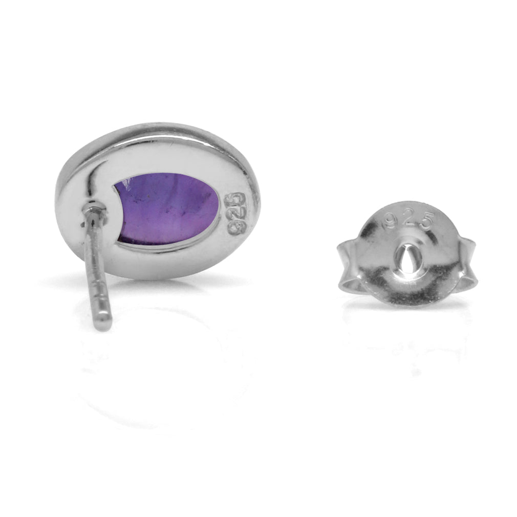 7X5mm Oval Shape Cabochon Amethyst White Gold Plated 925 Sterling Silver Stud Post Earrings - Silvershake-store