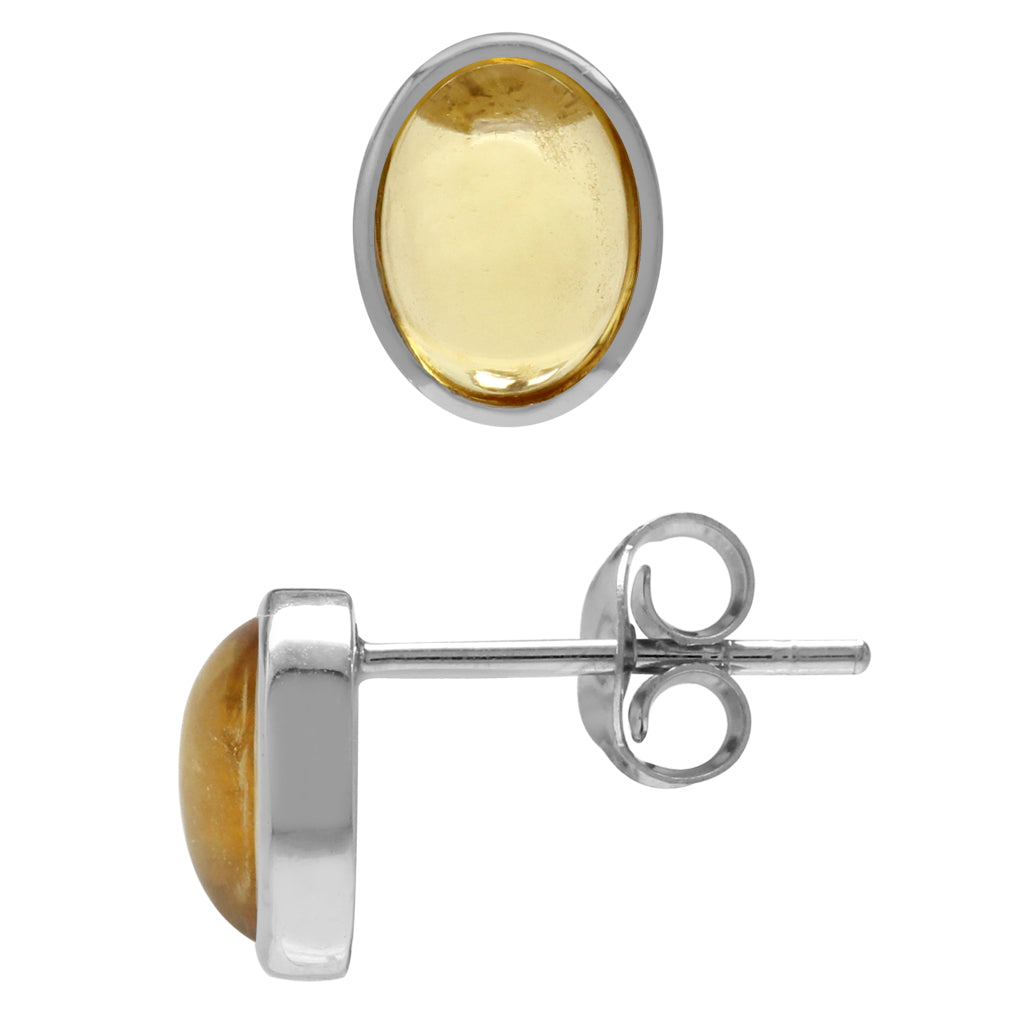 7X5mm Oval Shape Cabochon Citrine White Gold Plated 925 Sterling Silver Stud Post Earrings - Silvershake-store