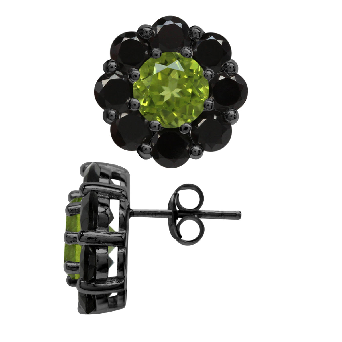 2.96ct. Natural Peridot&Spinel Black Rhodium Plated 925 Sterling Silver Flower Cluster Post Earrings silvershake