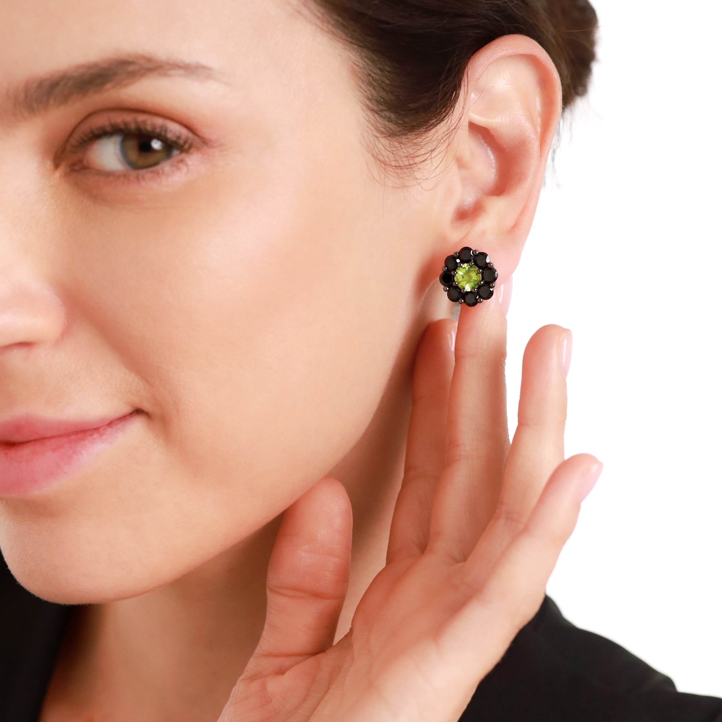 2.96ct. Natural Peridot&Spinel Black Rhodium Plated 925 Sterling Silver Flower Cluster Post Earrings silvershake