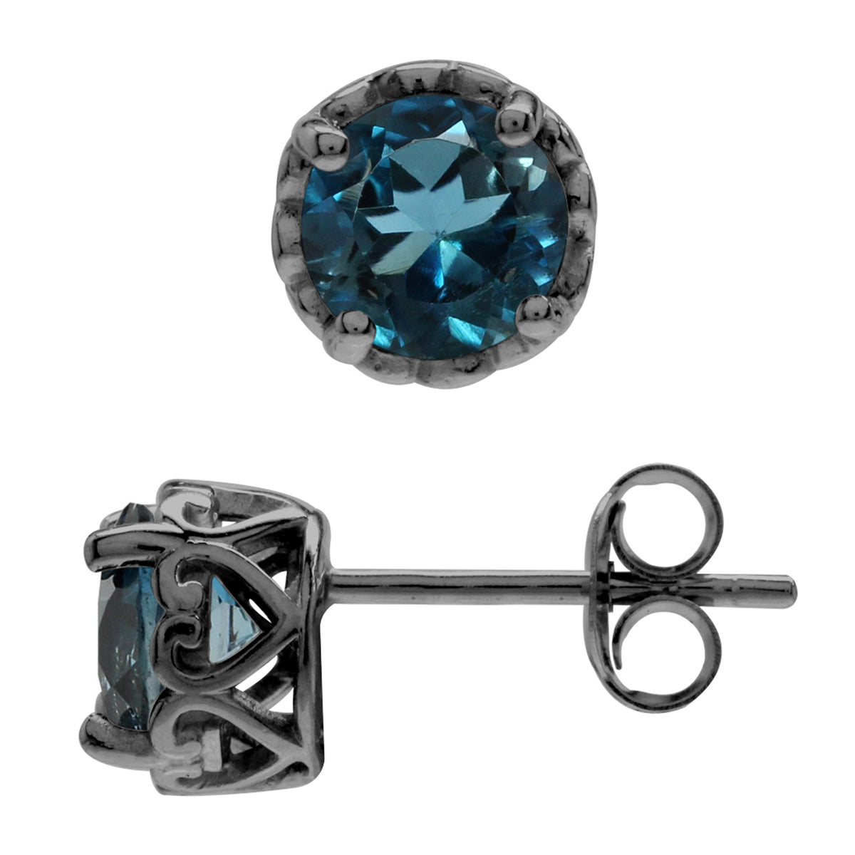6mm Round London Blue Topaz Black Rhodium Plated 925 Sterling Silver Victorian Style Stud Earrings - Silvershake-store