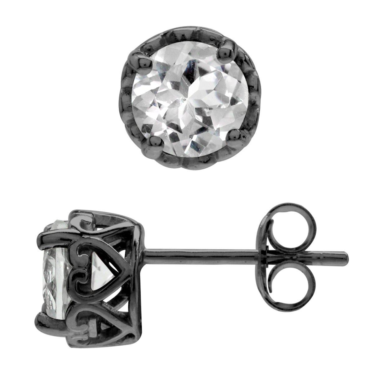 6mm Genuine White Topaz Black Rhodium Plated 925 Sterling Silver Victorian Style Stud Earrings - Silvershake-store