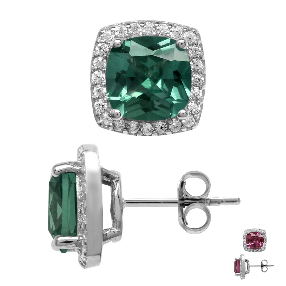 8mm Cushion Shape Simulated Color Change Alexandrite 925 Sterling Silver Halo Stud Earrings