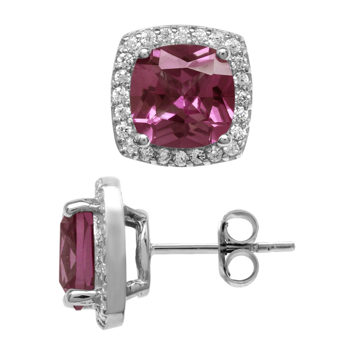 8mm Cushion Shape Simulated Color Change Alexandrite 925 Sterling Silver Halo Stud Earrings