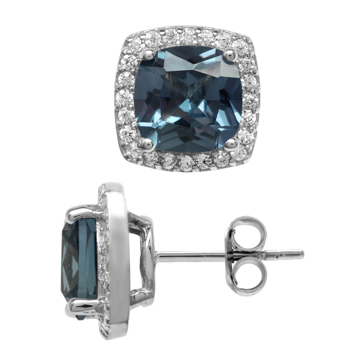8mm Cushion Shape Simulated Color Change Alexandrite 925 Sterling Silver Halo Stud Earrings