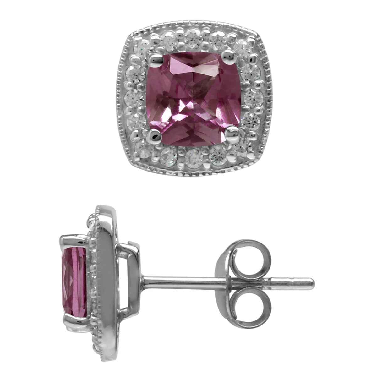 6mm Cushion Shape Created Color Change Alexandrite 925 Sterling Silver Halo Stud Earrings