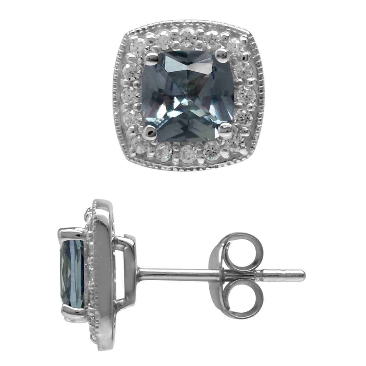 6mm Cushion Shape Created Color Change Alexandrite 925 Sterling Silver Halo Stud Earrings
