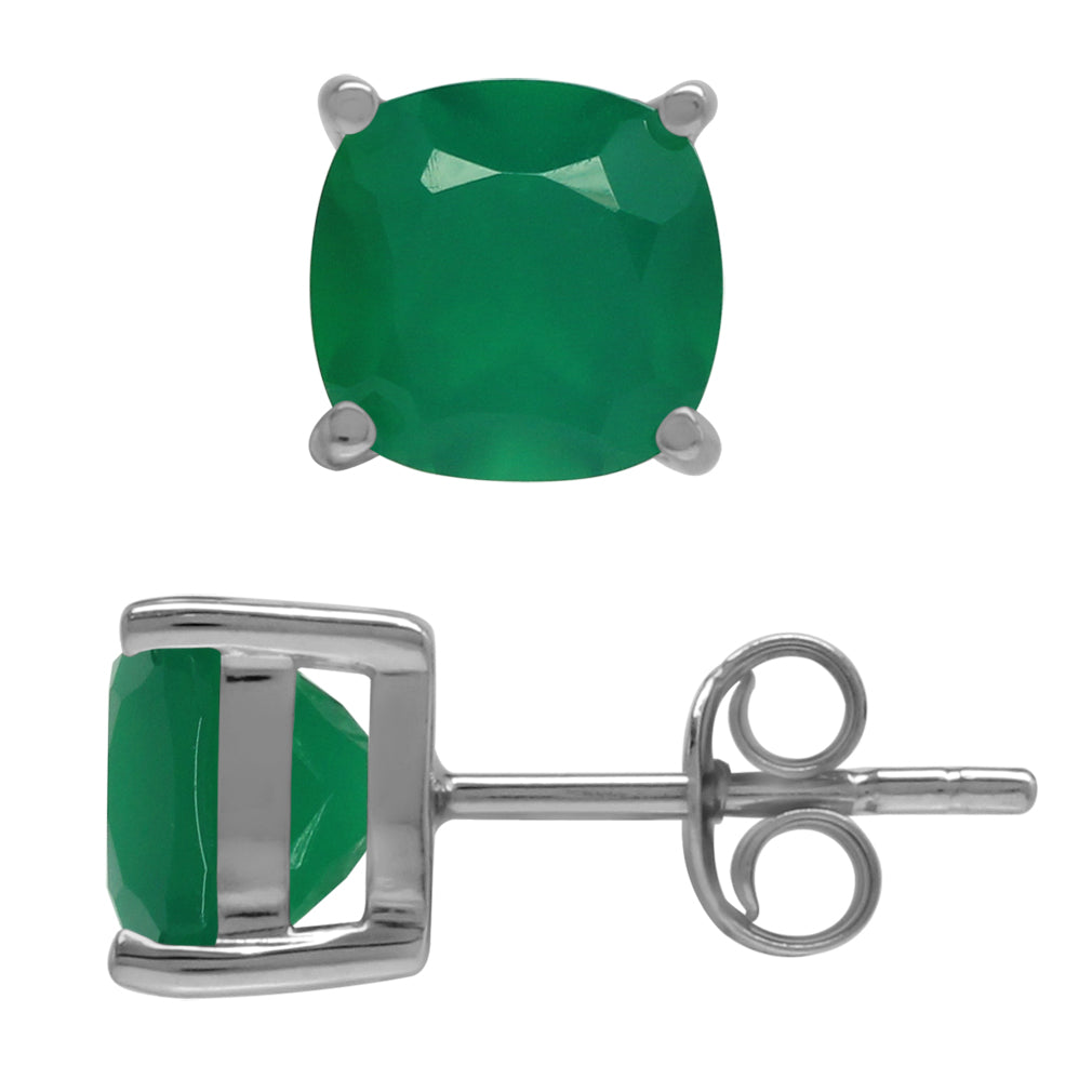 2.66ct. 7mm Natural Cushion Shape Emerald Green Agate 925 Sterling Silver Stud Earrings - Silvershake-store