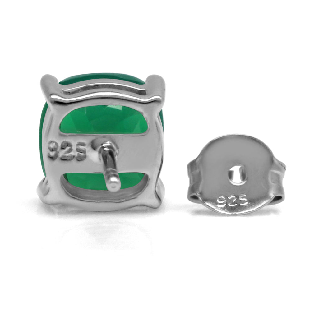 2.66ct. 7mm Natural Cushion Shape Emerald Green Agate 925 Sterling Silver Stud Earrings - Silvershake-store