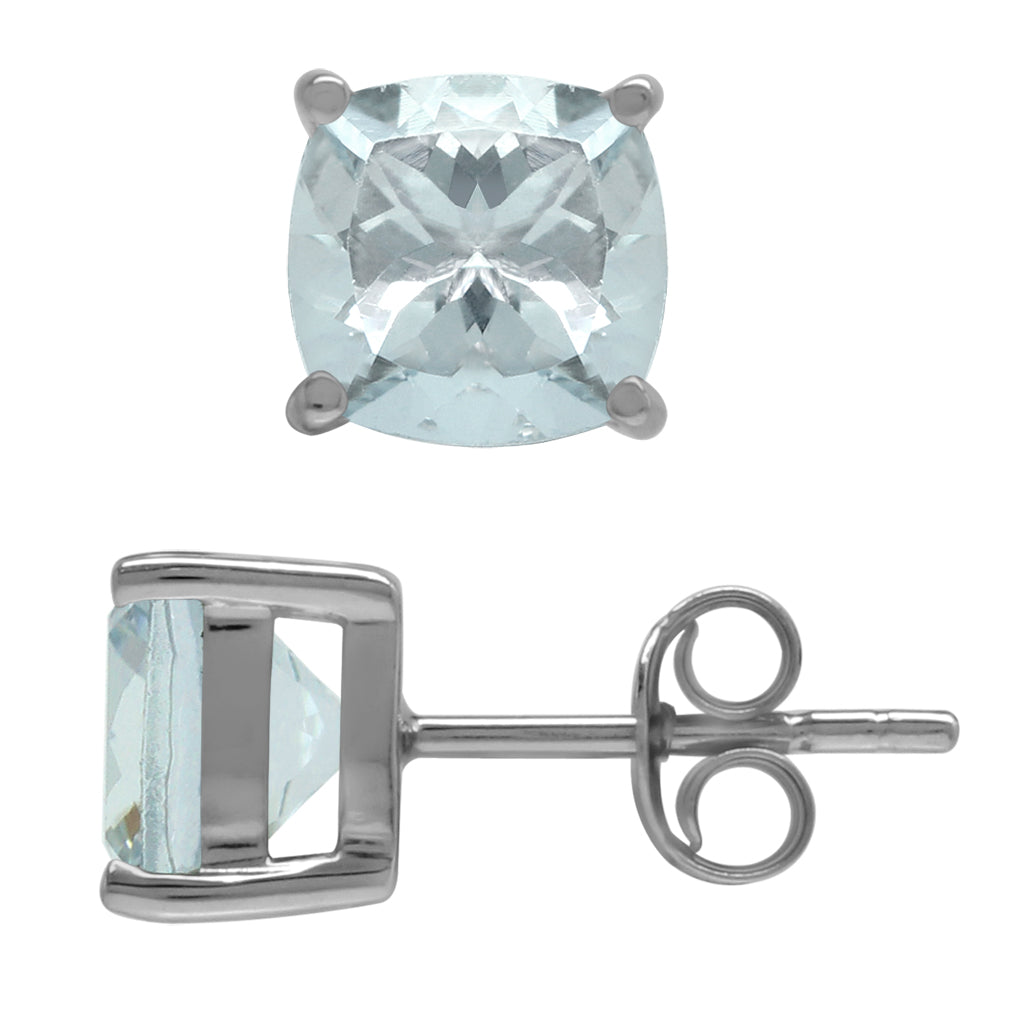 2.34ct. 7mm Genuine Cushion Shape Blue Aquamarine 925 Sterling Silver Stud Earrings - Silvershake-store