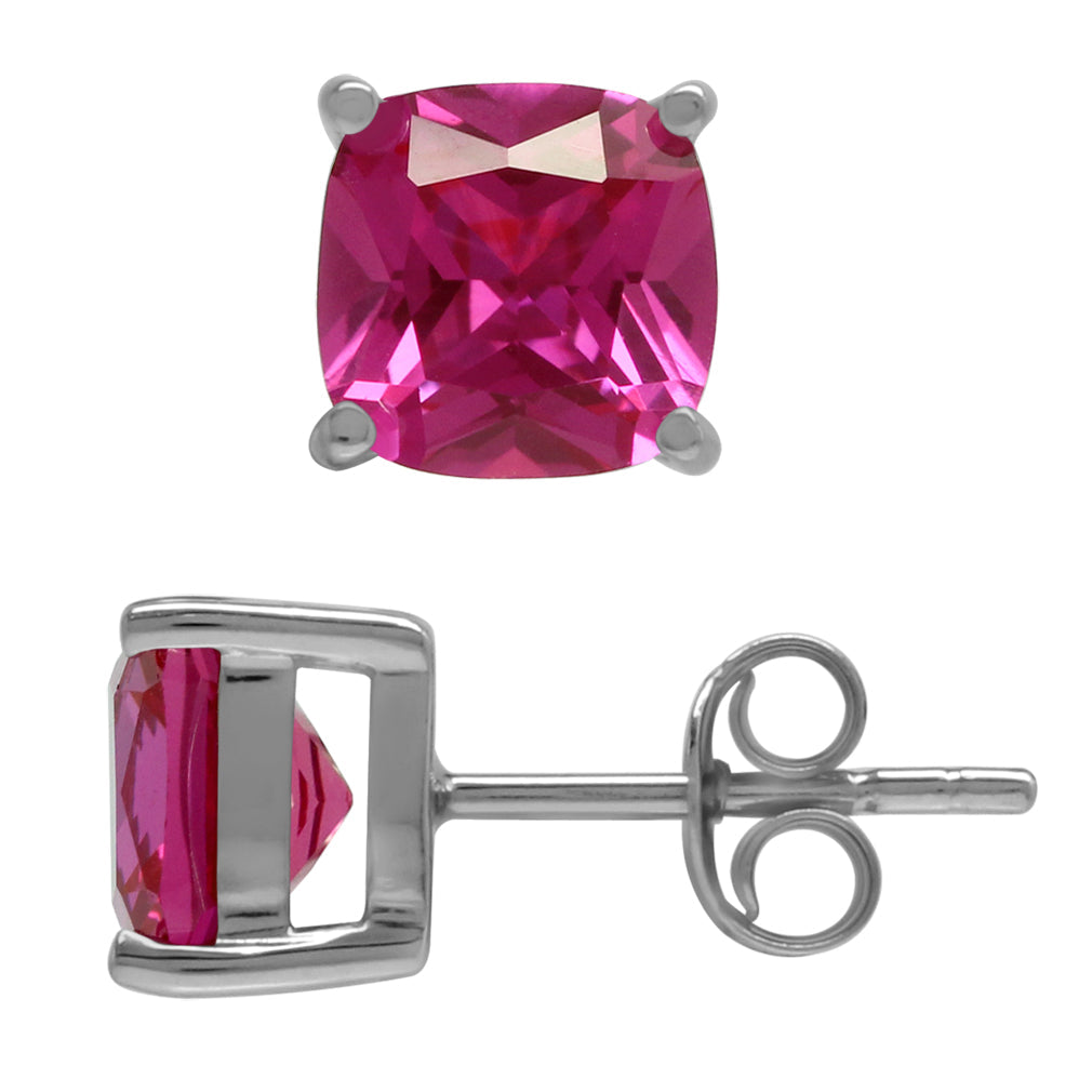 7mm Cushion Shape Created Pink Tourmaline White Gold Plated 925 Sterling Silver Stud Earrings - Silvershake-store