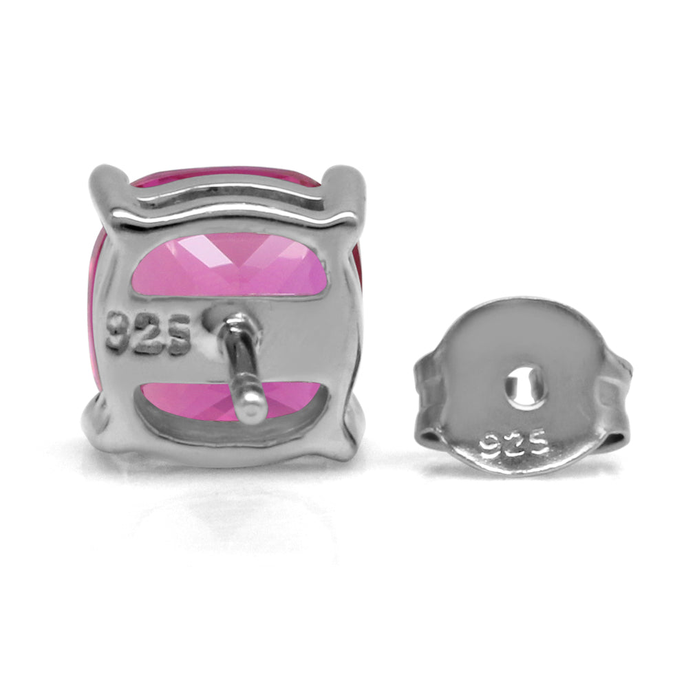 7mm Cushion Shape Created Pink Tourmaline White Gold Plated 925 Sterling Silver Stud Earrings - Silvershake-store