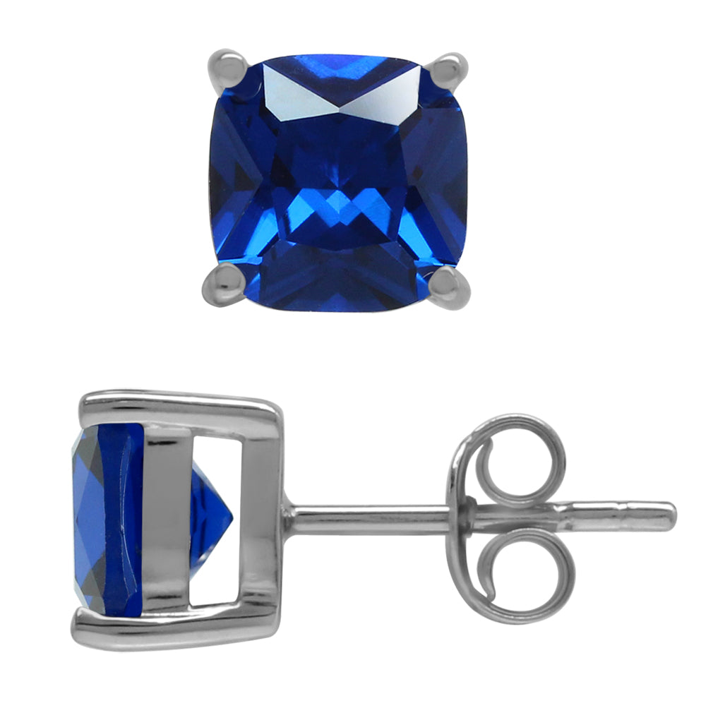 7mm Cushion Shape Synthetic Sapphire Blue 925 Sterling Silver Stud Earrings - Silvershake-store