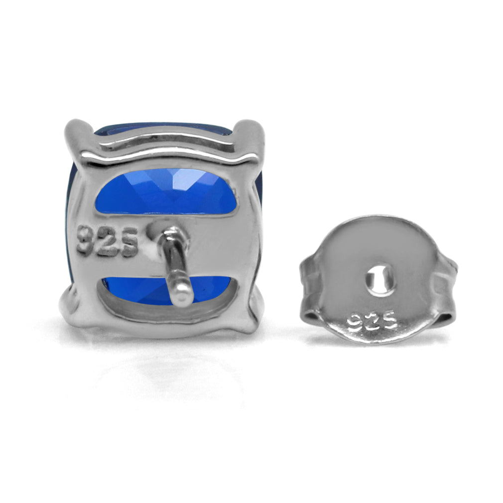 7mm Cushion Shape Synthetic Sapphire Blue 925 Sterling Silver Stud Earrings - Silvershake-store