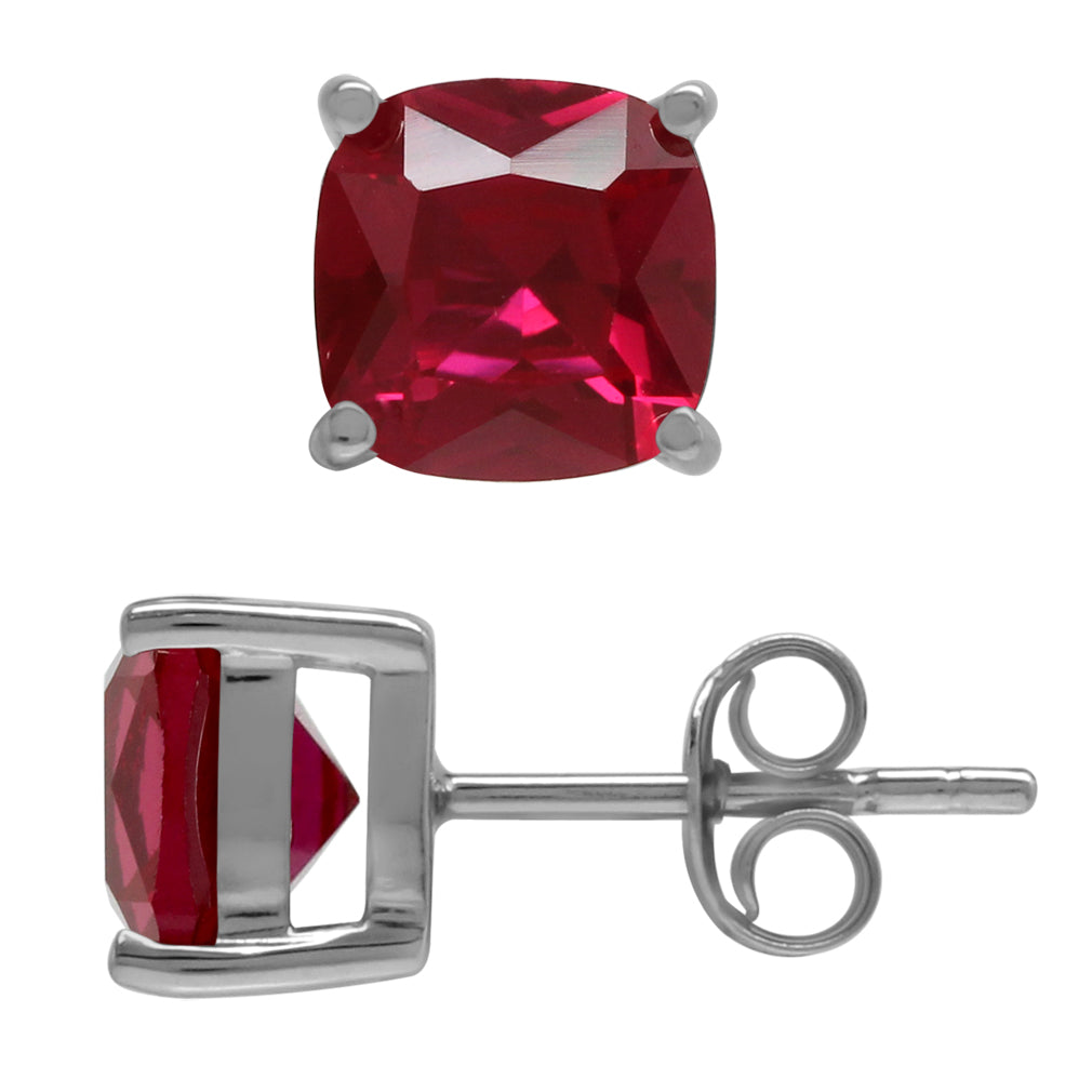 7mm Cushion Shape Simulated Red Ruby 925 Sterling Silver Stud Earrings - Silvershake-store