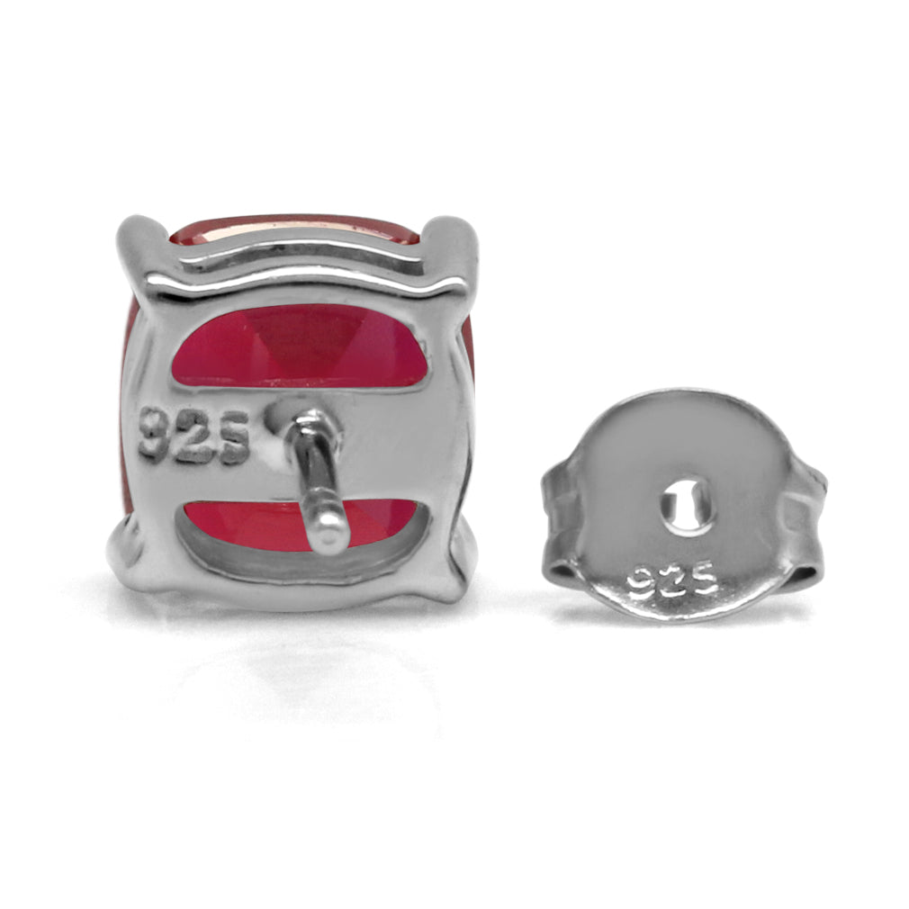 7mm Cushion Shape Simulated Red Ruby 925 Sterling Silver Stud Earrings - Silvershake-store