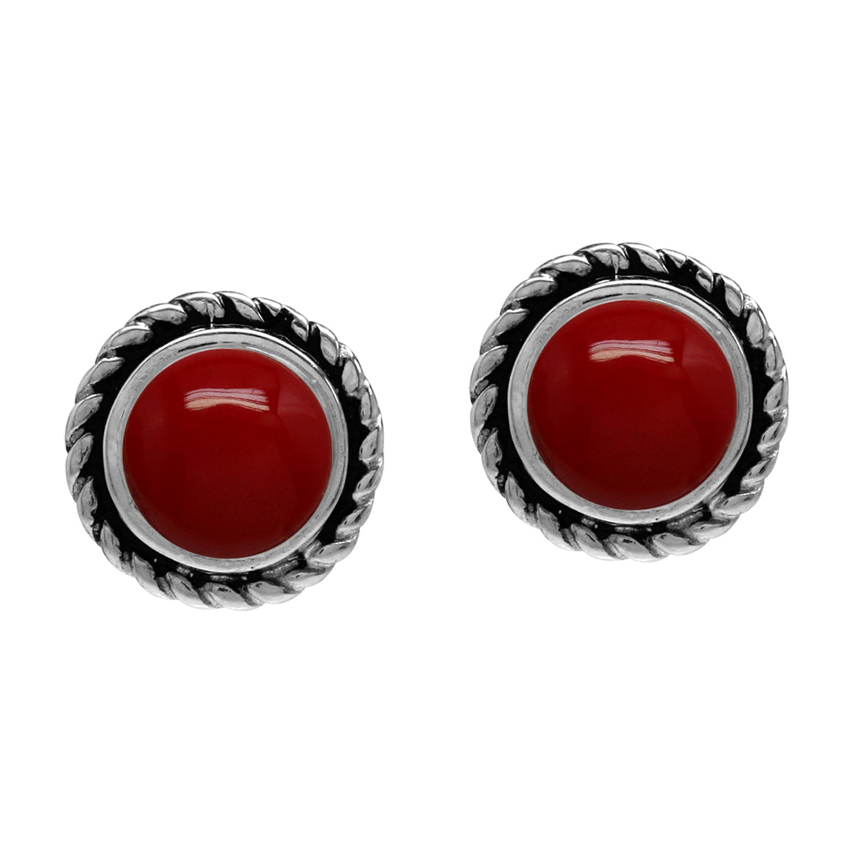 6mm Created Round Shape Red Coral 925 Sterling Silver Rope Stud Earrings - Silvershake-store