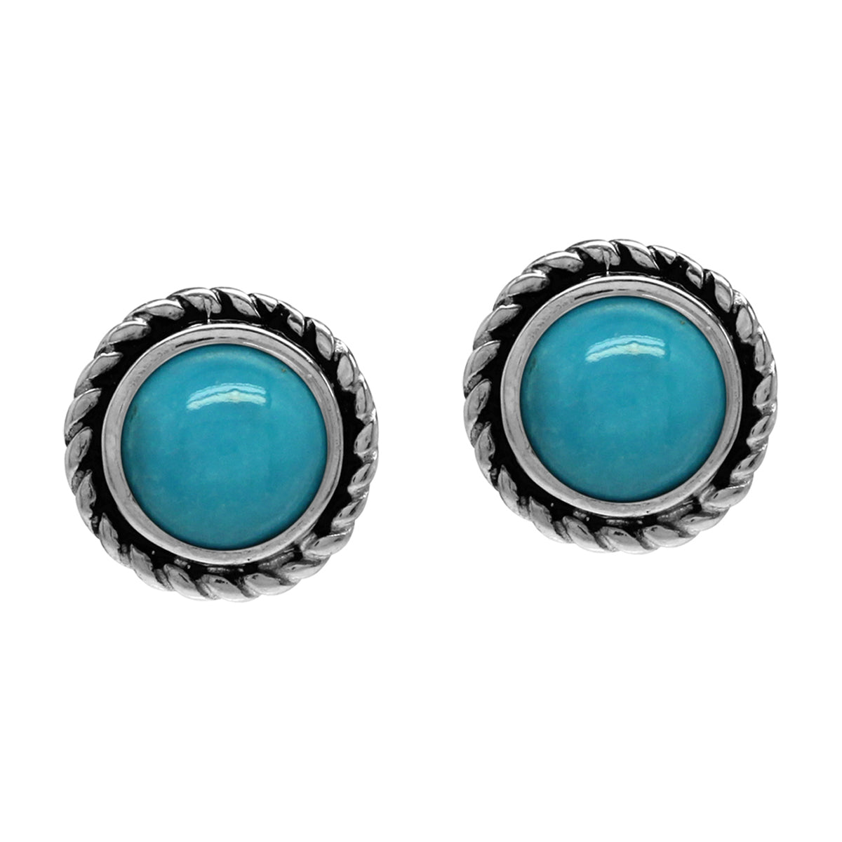6mm Genuine Round Shape Arizona American Turquoise 925 Sterling Silver Rope Stud Earrings - Silvershake-store