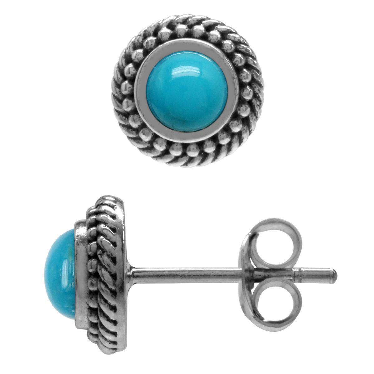 Genuine 4mm Arizona American Turquoise 925 Sterling Silver Rope Stud Earrings