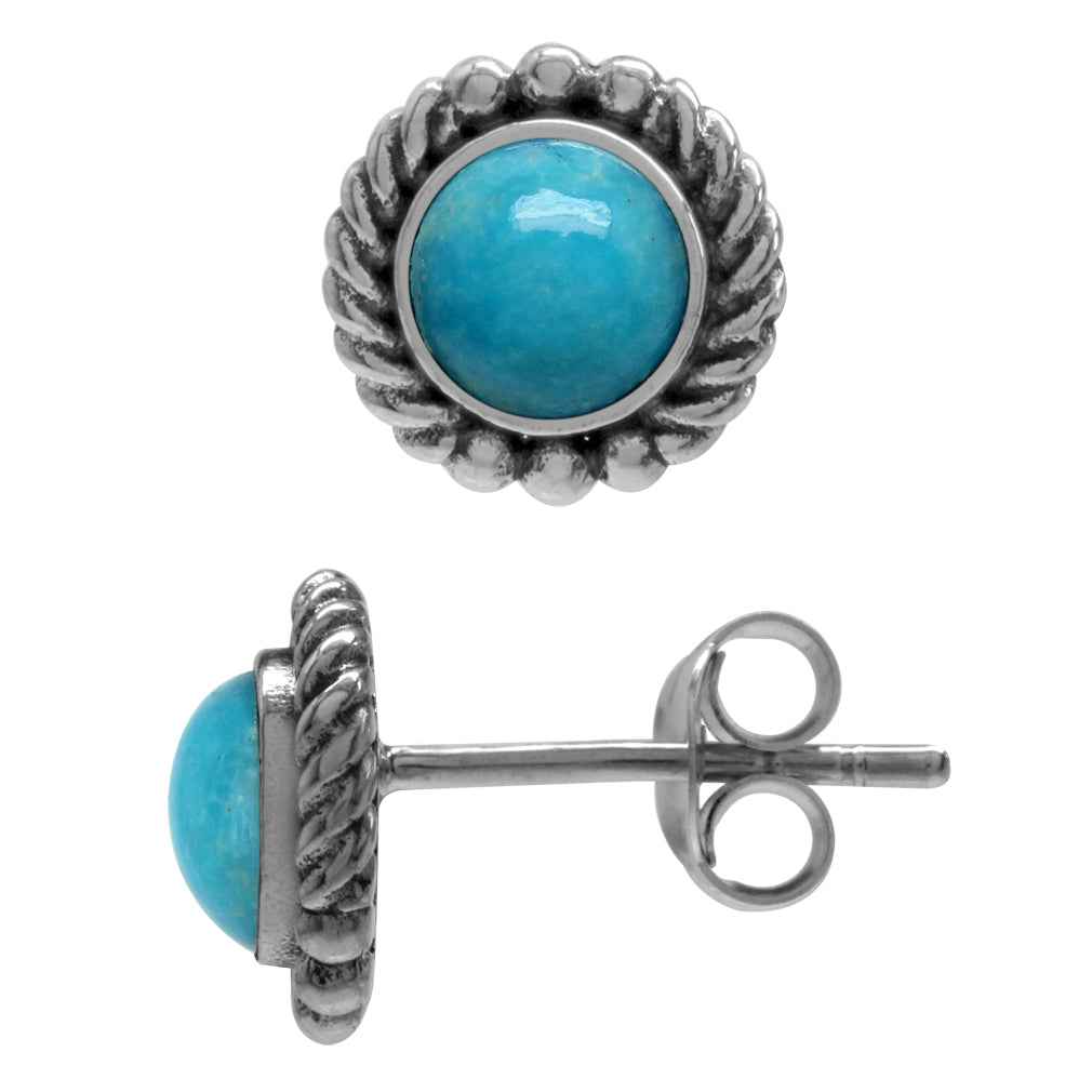 Genuine 5mm Blue Arizona American Turquoise 925 Sterling Silver Rope Stud Earrings