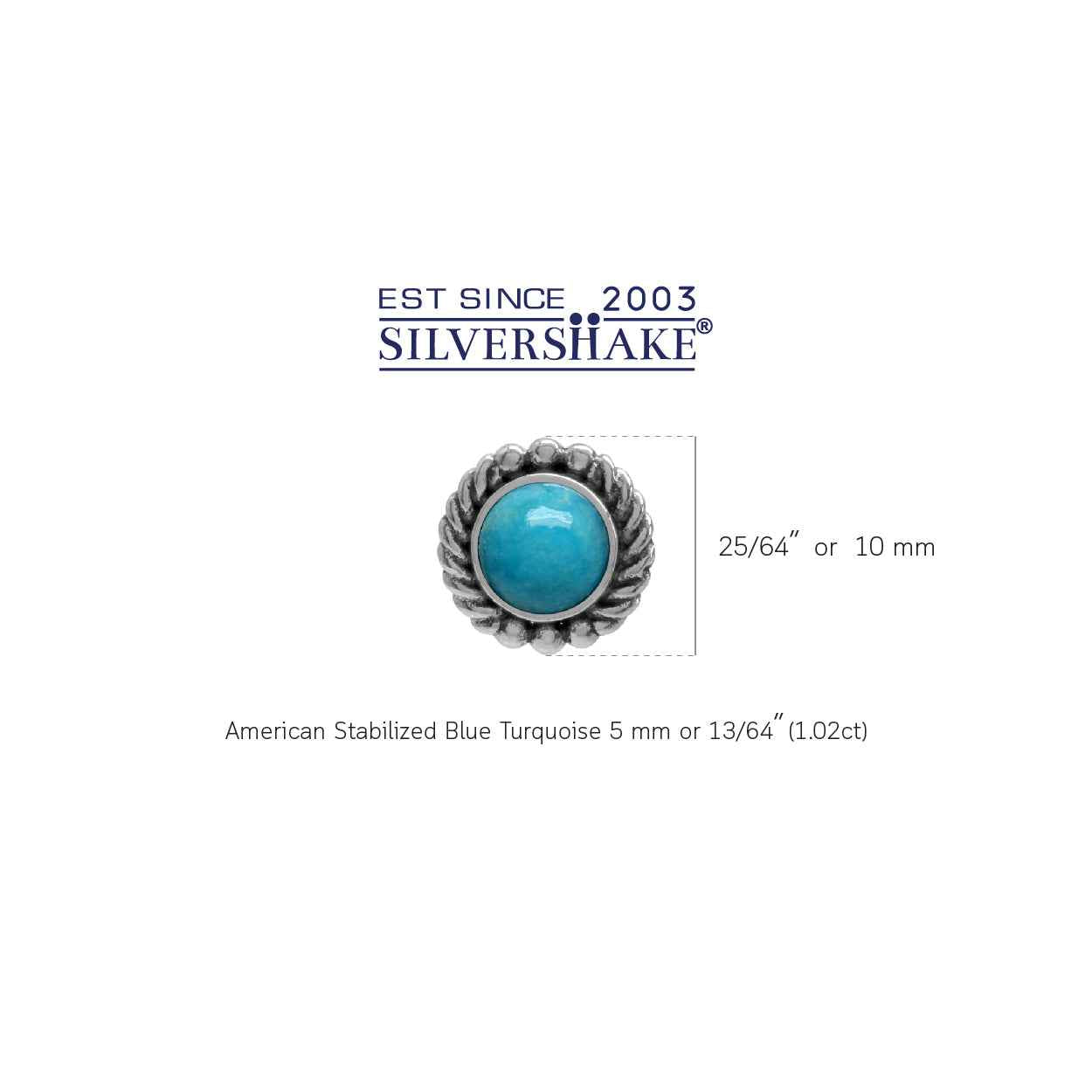 Genuine 5mm Blue Arizona American Turquoise 925 Sterling Silver Rope Stud Earrings