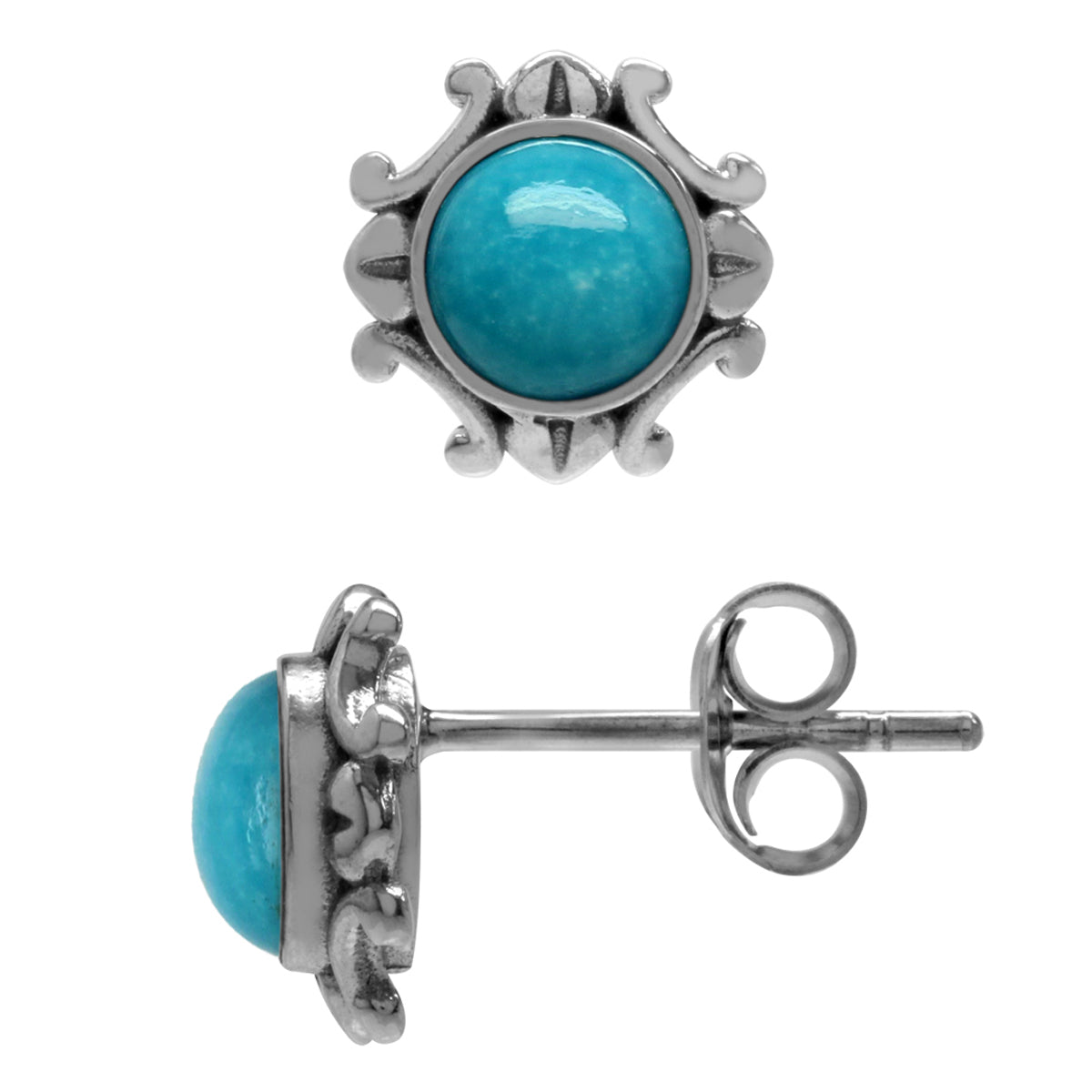 Genuine 5mm Blue Arizona American Turquoise 925 Sterling Silver Victorian Inspired Stud Earrings