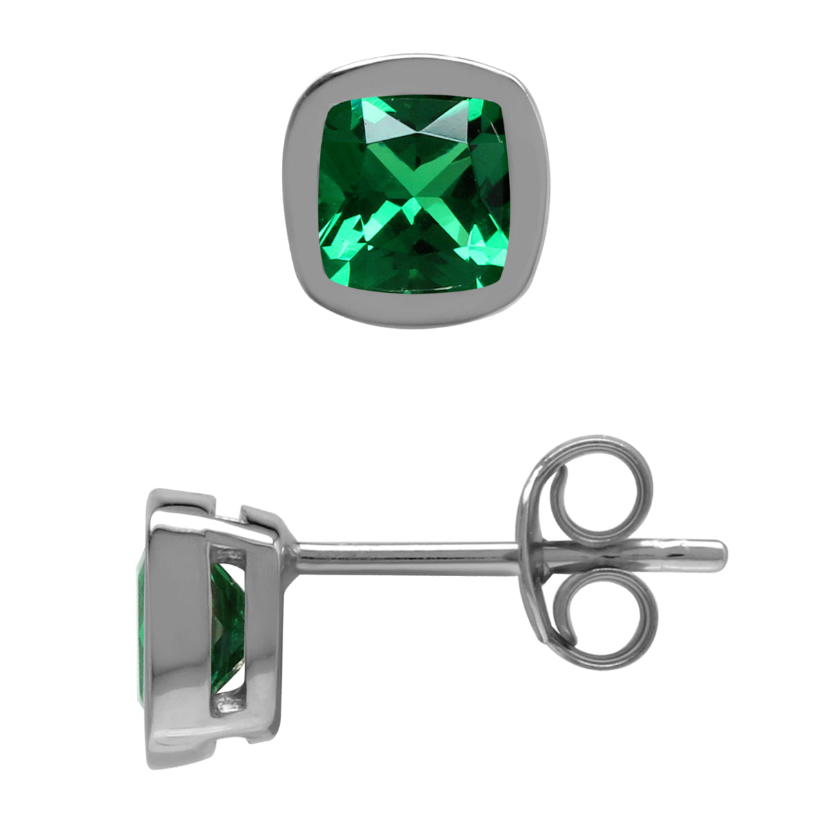 5 mm Cushion Shape Green Nano Emerald 925 Sterling Silver Stud Earrings - Silvershake-store