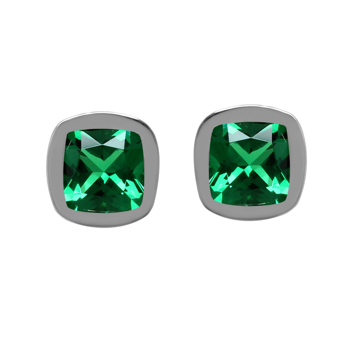 5 mm Cushion Shape Green Nano Emerald 925 Sterling Silver Stud Earrings - Silvershake-store