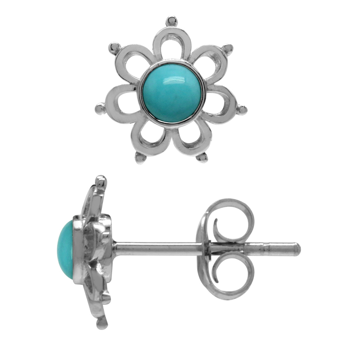 Petite Genuine Arizona American Turquoise 925 Sterling Silver Flower Stud Earrings