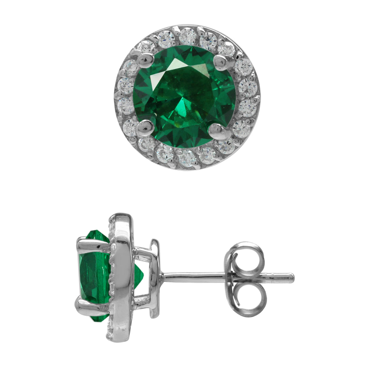 2.4 Ct 7MM Round Nano Green Emerald  925 Sterling Silver Halo Stud Earrings