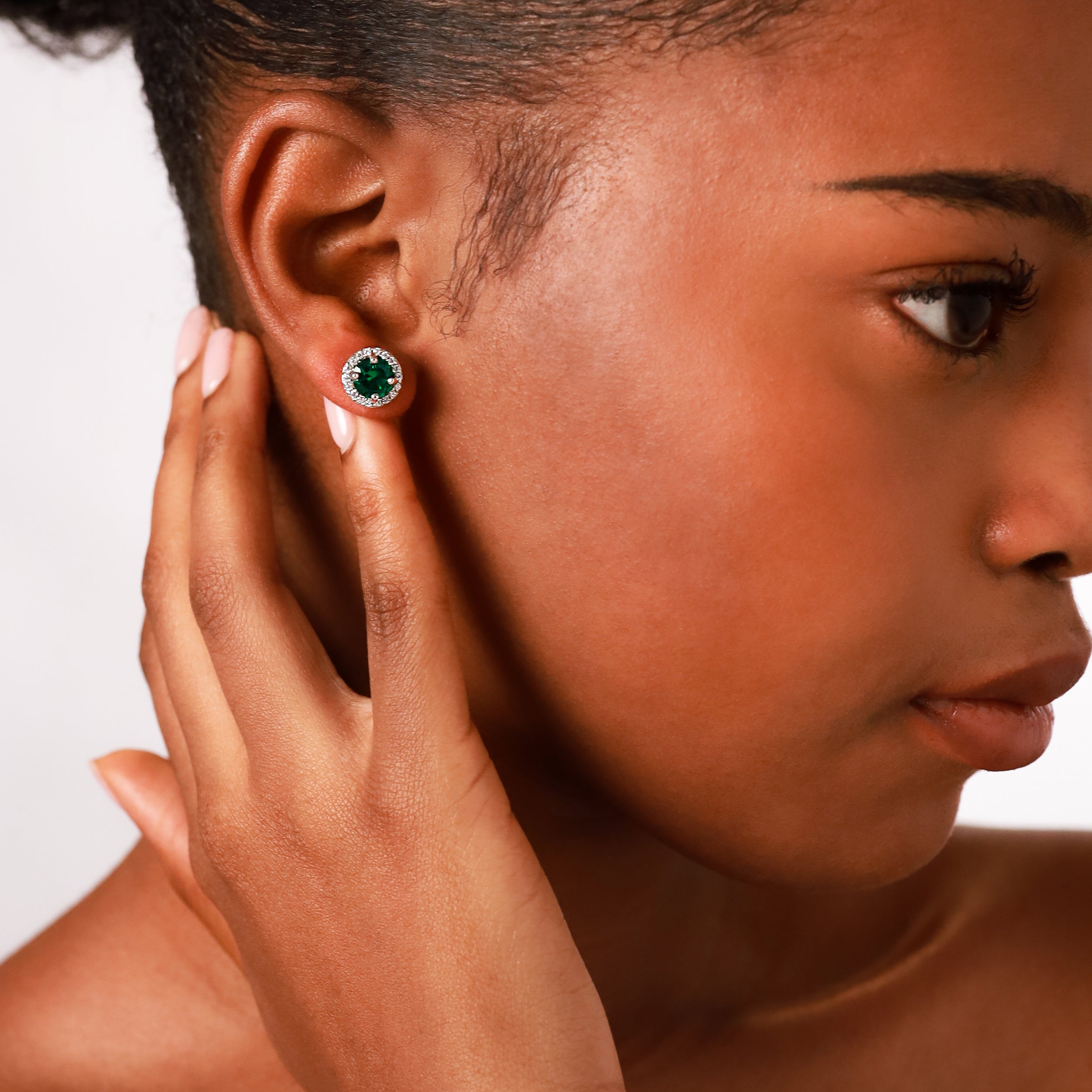 2.4 Ct 7MM Round Nano Green Emerald  925 Sterling Silver Halo Stud Earrings