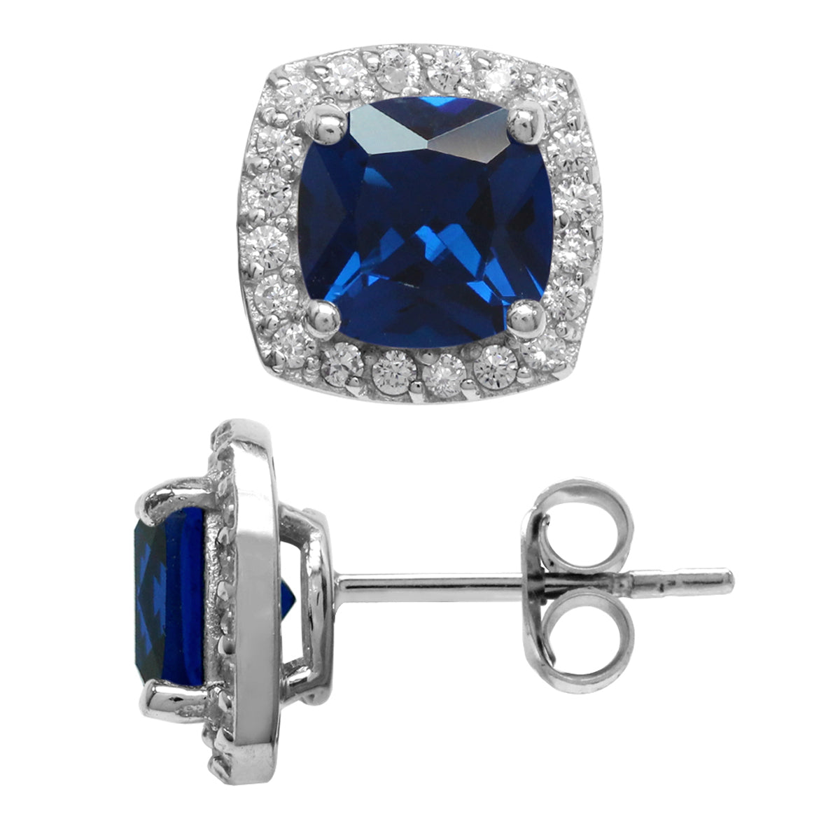 3.1 Ct 7MM Cushion Cut Created Blue Sapphire 925 Sterling Silver Halo Stud Earrings - Silvershake-store