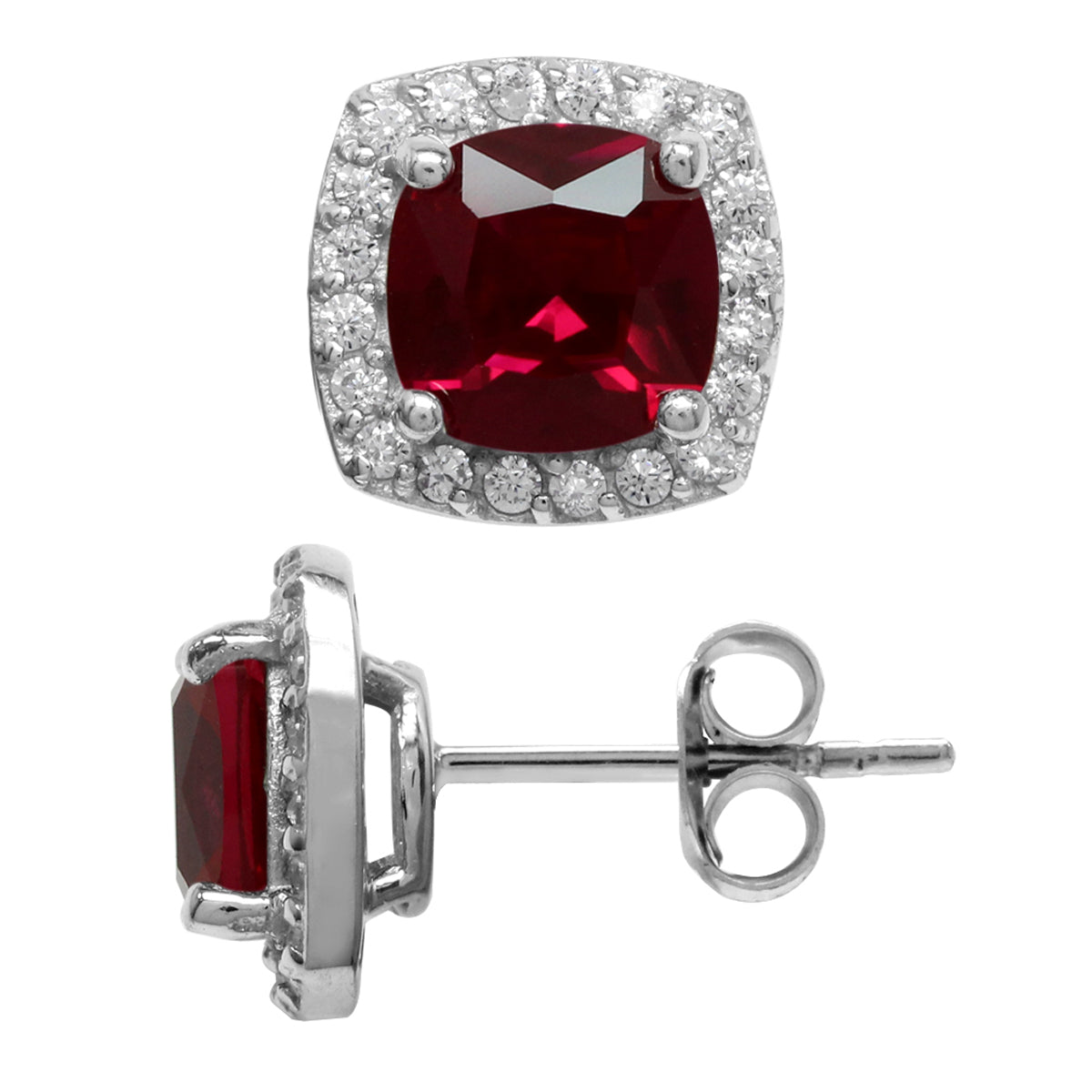 3.6 Ct 7MM Cushion Cut Simulated Red Ruby 925 Sterling Silver Halo Stud Earrings - Silvershake-store
