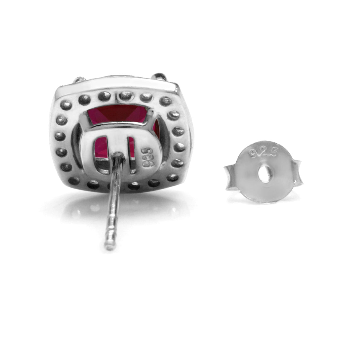 3.6 Ct 7MM Cushion Cut Simulated Red Ruby 925 Sterling Silver Halo Stud Earrings - Silvershake-store