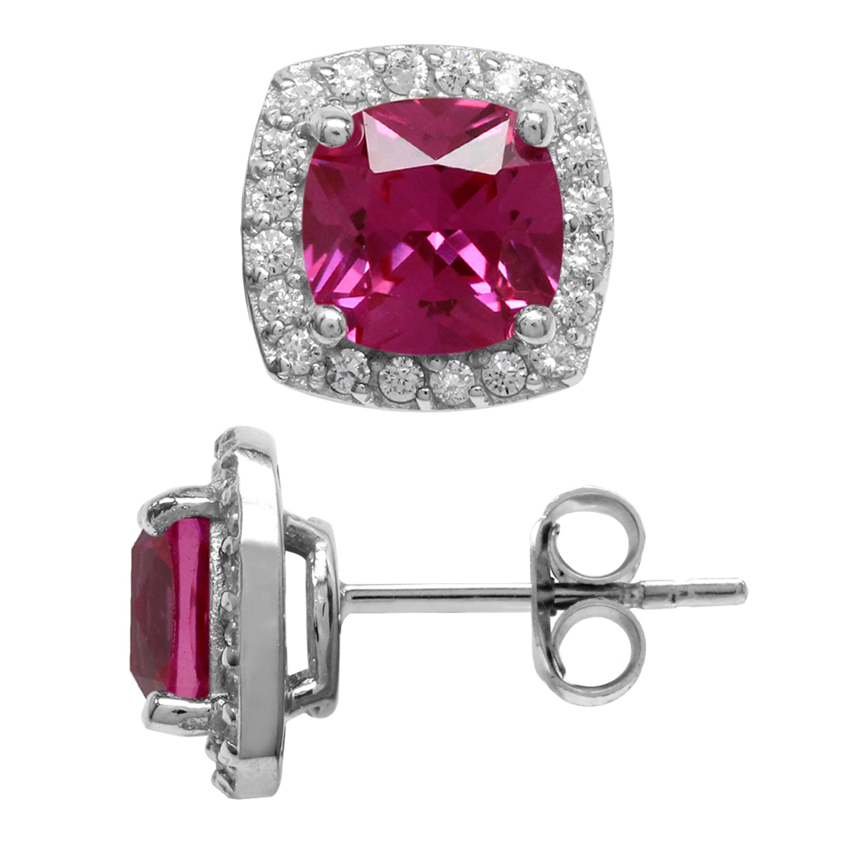 3.6 Ct 7MM Cushion Cut Created Pink Tourmaline 925 Sterling Silver Halo Stud Earrings - Silvershake-store