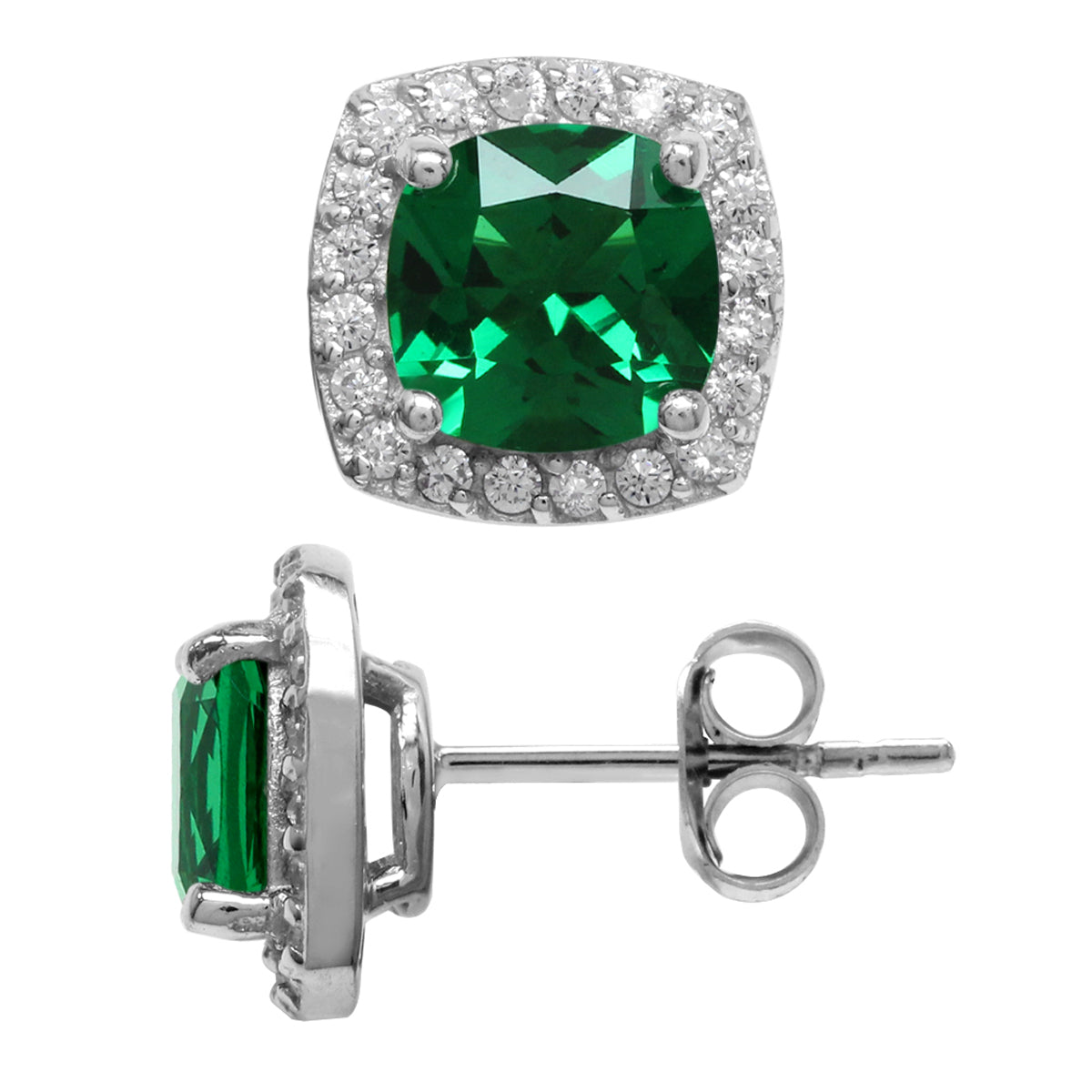 2.6 Ct 7MM Cushion Cut Nano Green Emerald 925 Sterling Silver Halo Stud Earrings - Silvershake-store