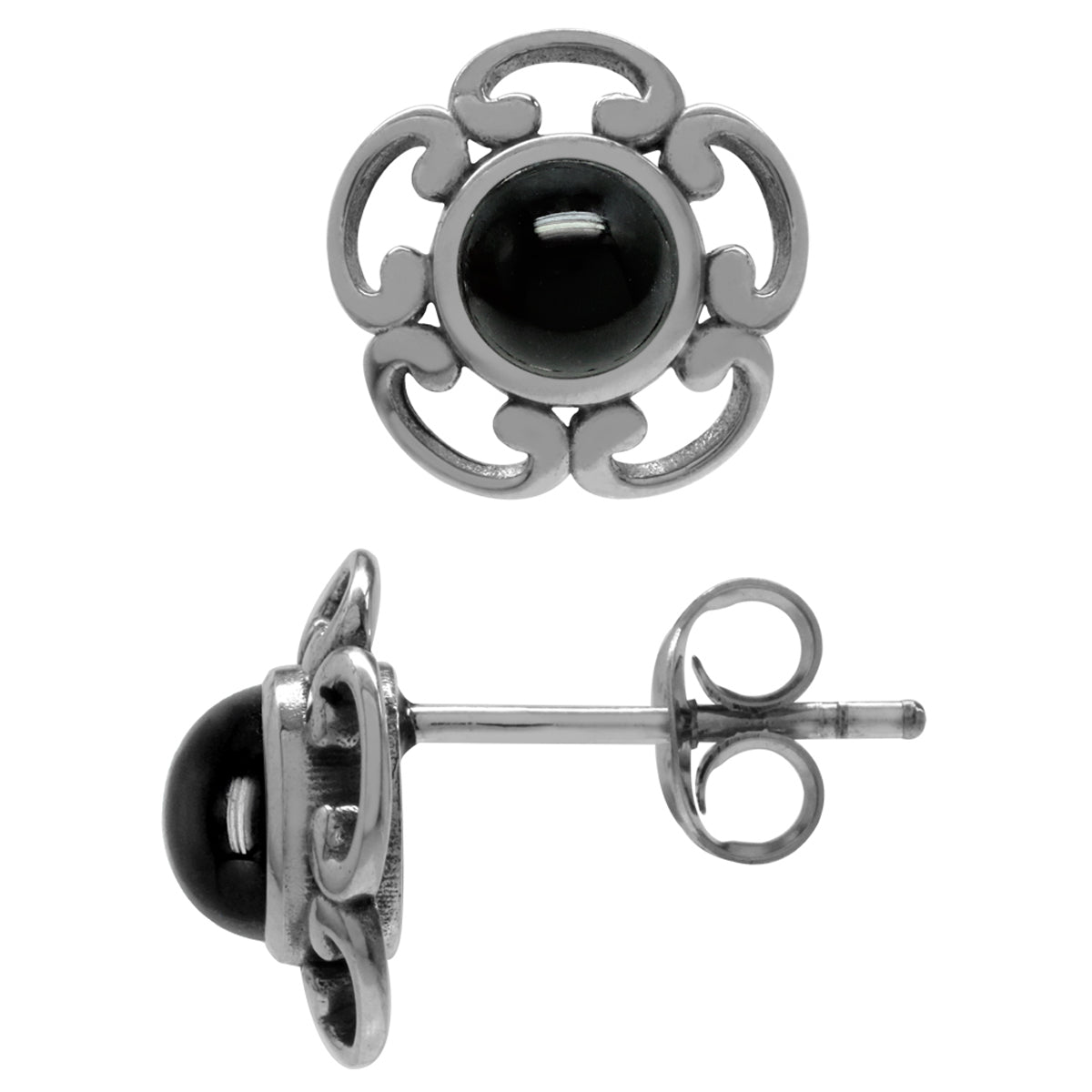 Natural Black Onyx Stone 925 Sterling Silver Filigree Flower Stud/Post Earrings