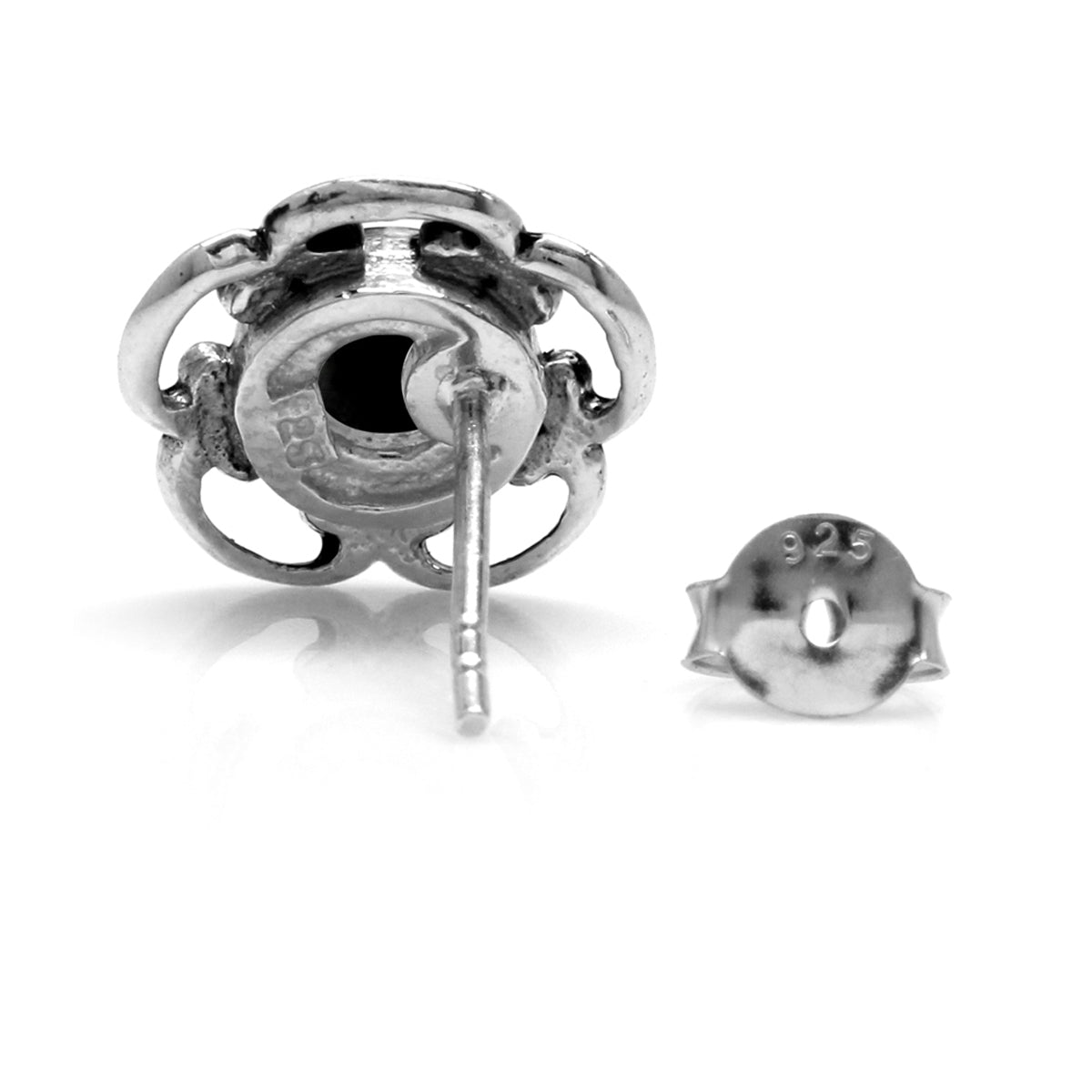 Natural Black Onyx Stone 925 Sterling Silver Filigree Flower Stud/Post Earrings