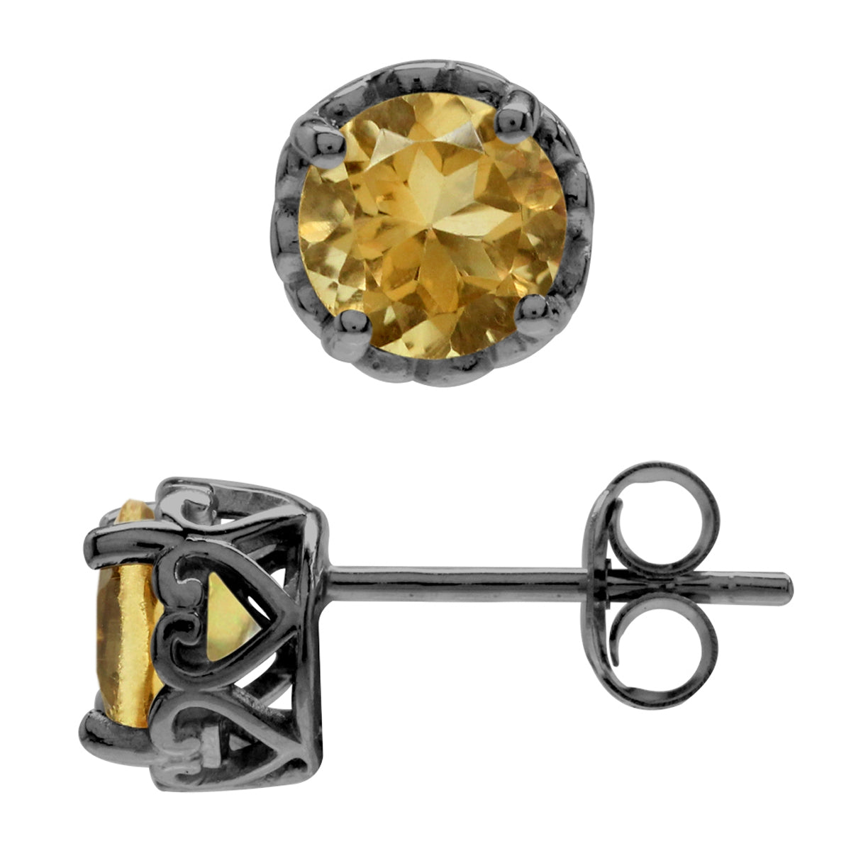 1.5 ct 6 mm Yellow Citrine Black Rhodium Plated 925 Sterling Silver Victorian Style Stud Post Earrings - Silvershake-store