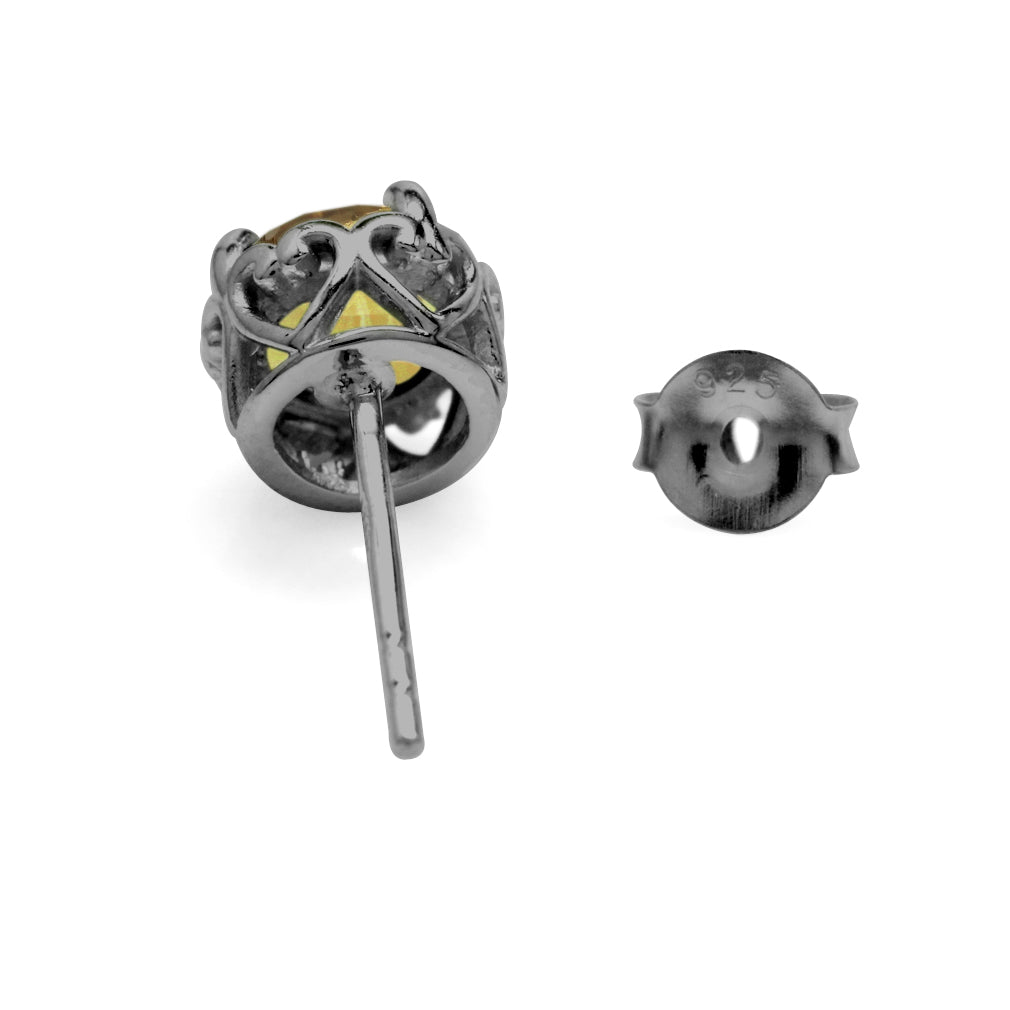 1.5 ct 6 mm Yellow Citrine Black Rhodium Plated 925 Sterling Silver Victorian Style Stud Post Earrings - Silvershake-store