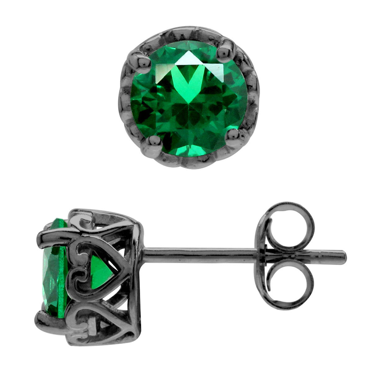 1.5 ct 6 mm Created Nano Green Emerald Black Rhodium Plated 925 Sterling Silver Victorian Style Stud Post Earrings - Silvershake-store
