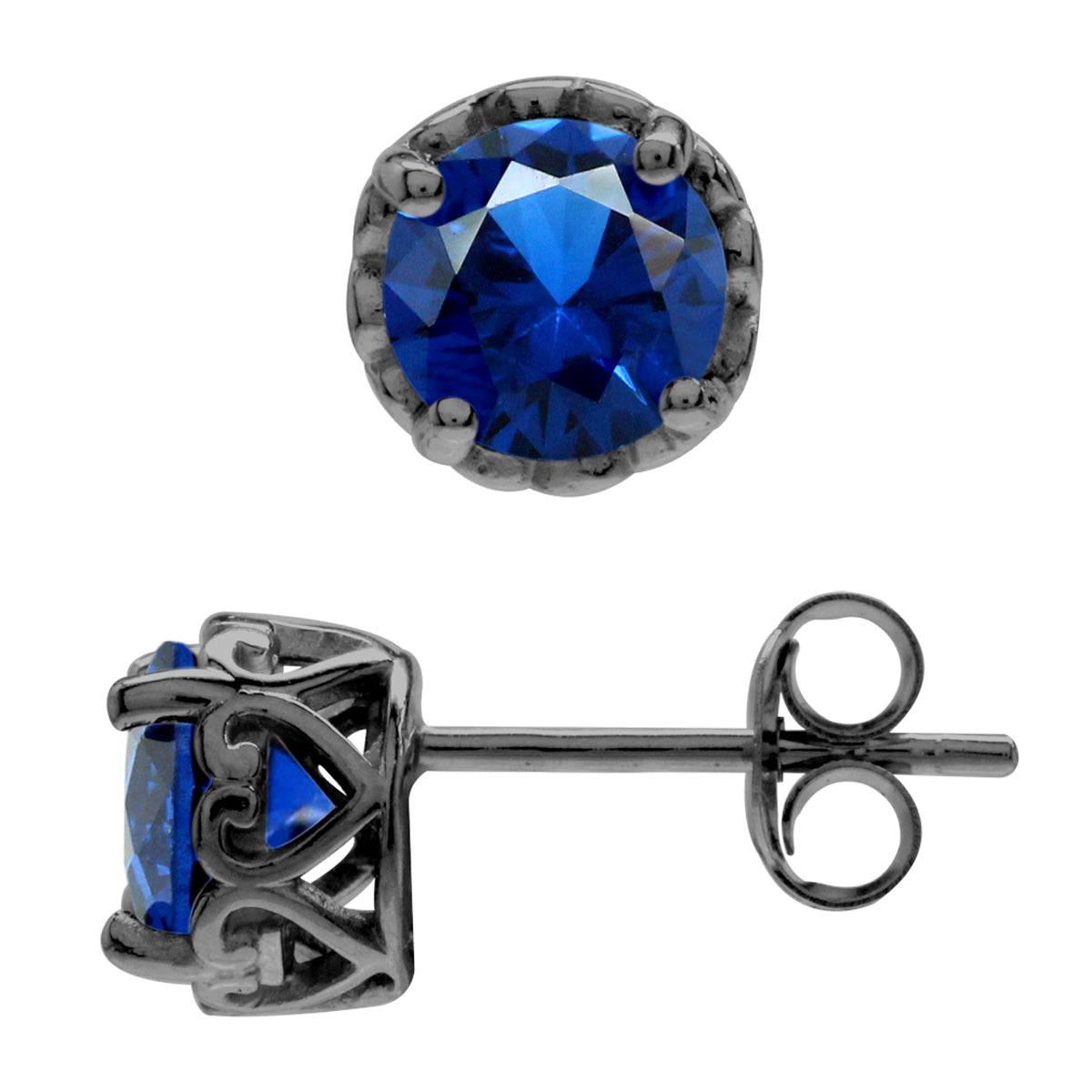 1.9 ct 6 mm Created Blue Sapphire Black Rhodium Plated 925 Sterling Silver Victorian Style Stud Post Earrings - Silvershake-store