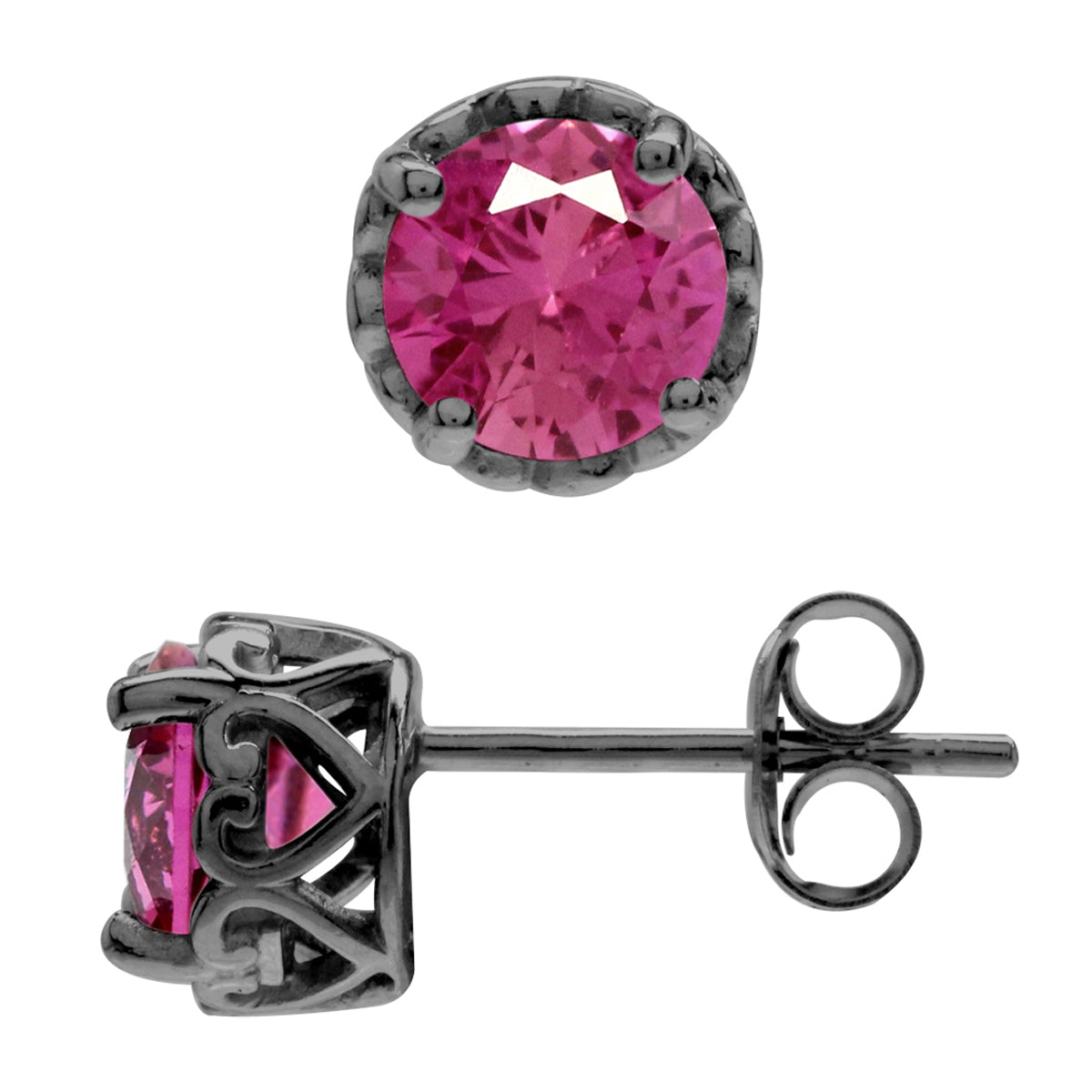6MM Round Shape Created Pink Tourmaline Black Rhodium Plated 925 Sterling Silver Heart Victorian Style Stud Post Earrings October Gemstone Birthstone for Women - Silvershake-store