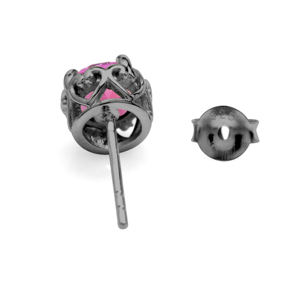 6MM Round Shape Created Pink Tourmaline Black Rhodium Plated 925 Sterling Silver Heart Victorian Style Stud Post Earrings October Gemstone Birthstone for Women - Silvershake-store
