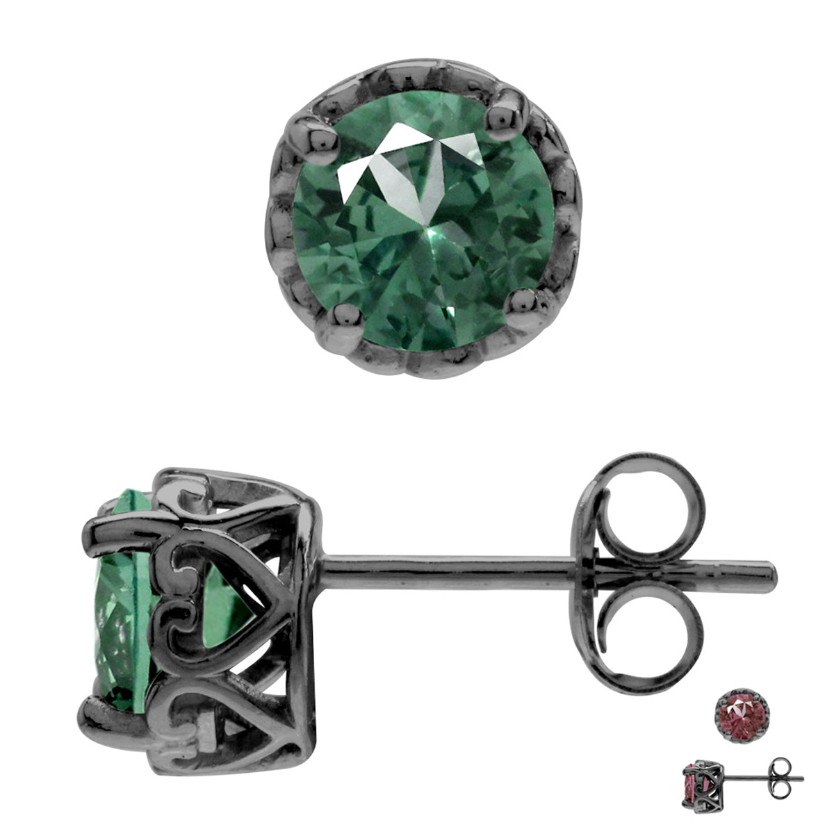 6MM Round Shape Created Color Change Alexandrite Black Rhodium Plated 925 Sterling Silver Heart Victorian Style Stud Post Earrings June Gemstone Birthstone for Women - Silvershake-store