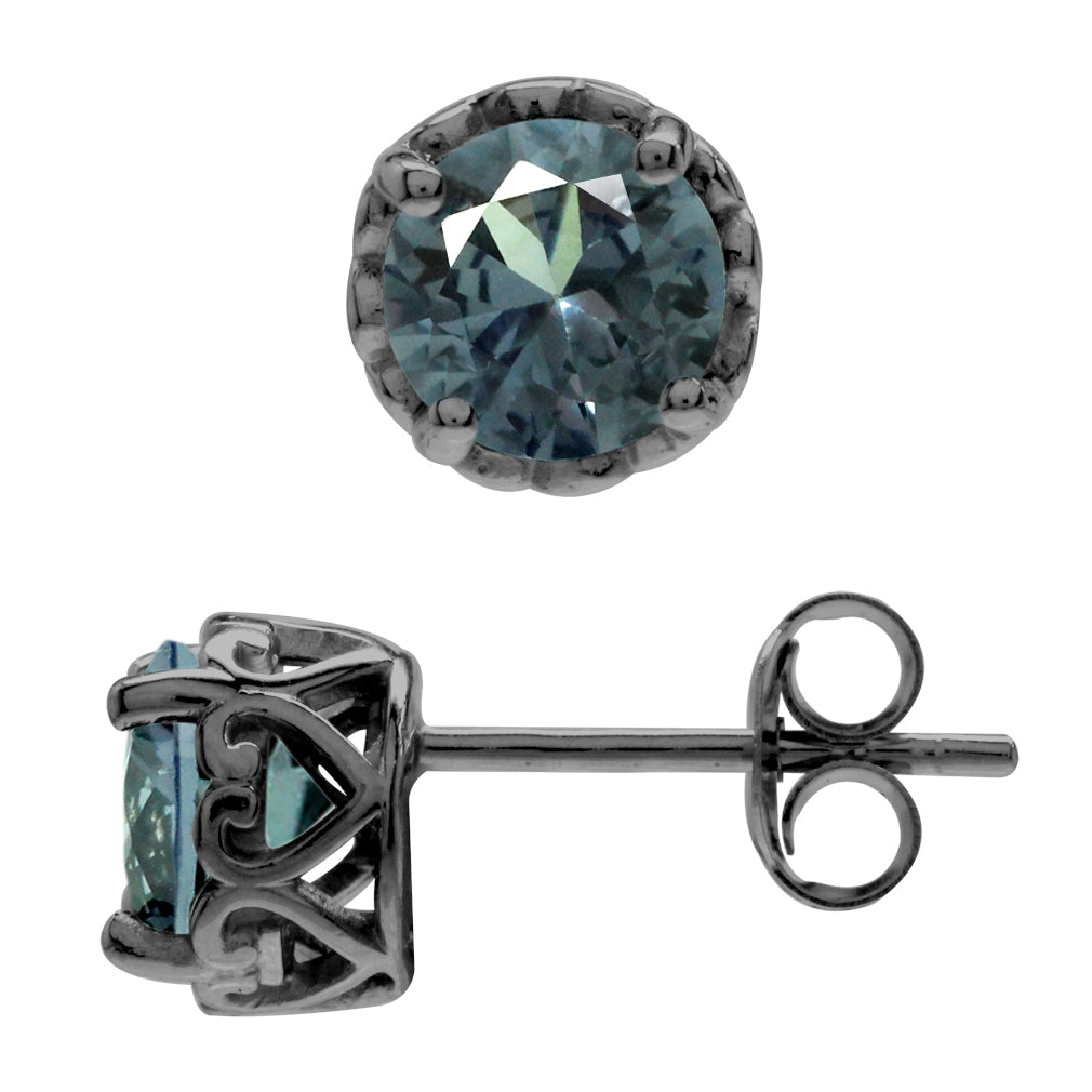 6MM Round Shape Created Color Change Alexandrite Black Rhodium Plated 925 Sterling Silver Heart Victorian Style Stud Post Earrings June Gemstone Birthstone for Women - Silvershake-store