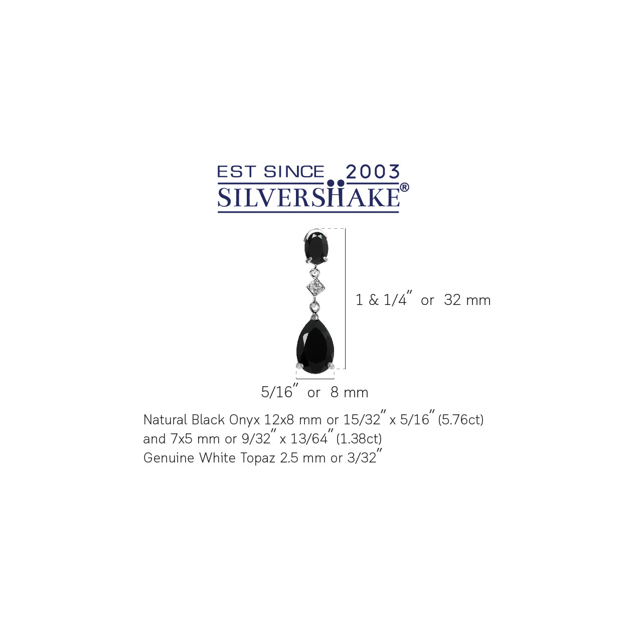 7 Ct Black Onyx and White Topaz 925 Sterling Silver Drop Dangle Stud Post Earrings - Silvershake-store