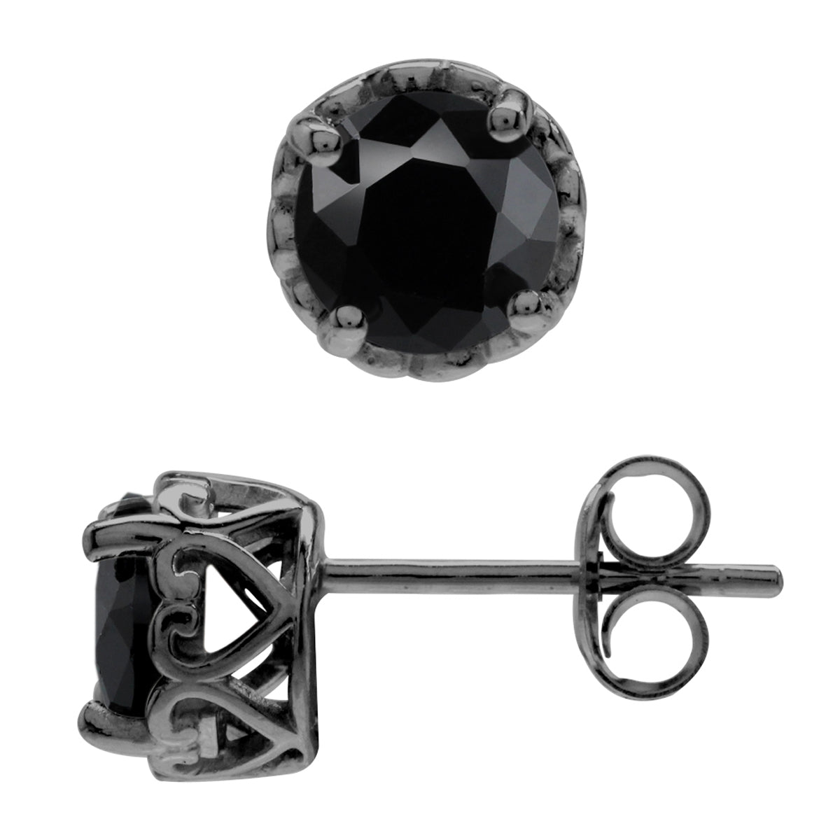 6MM Round Natural Onyx Black Rhodium Plated 925 Sterling Silver Victorian Style Stud/Post Earrings for Women - Silvershake-store