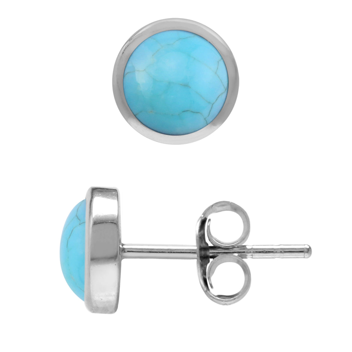 6mm Genuine Round Shape Light Blue American Turquoise White Gold Plated 925 Sterling Silver Stud Earrings - Silvershake-store