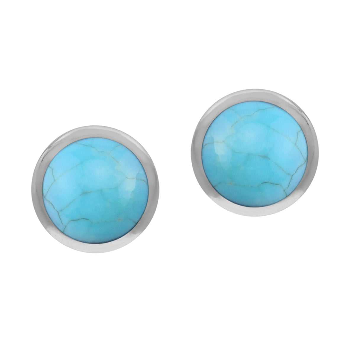6mm Genuine Round Shape Light Blue American Turquoise White Gold Plated 925 Sterling Silver Stud Earrings - Silvershake-store